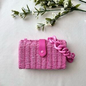 Pink Floral Dress with Matching Woven Bag